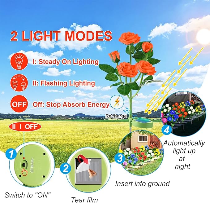 Solar Flower Lights Outdoor - Upgraded New Material Two Modes Realistic LED Solar Powered Waterproof Lights with 5 Roses, Solar Decorative Stake Lights for Garden (Orange, 2 Pack)