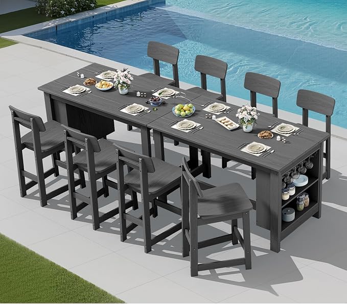 SERWALL 10-Piece HDPE Counter Height Dining Table Sets with Storage and Wine Rack, 2 Rectangular Bar Table with Bar Stools Set of 8 for Garden, Backyard, Kitchen, Gray