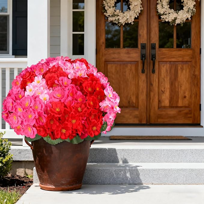 Artificial Geraniums Flowers for Outdoors, 6 Bundles Realistic Silk Fake Geranium, No Fade Faux Plants for Hanging Baskets, Window Boxes, Planters - Porch, Patio, Garden Decor(Mix Colors)