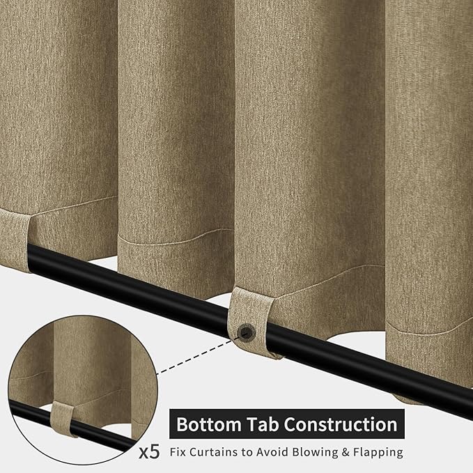 Easy-Going Linen Look Outdoor Curtains Waterproof Windproof Porch Curtains, Soft Thicken Outdoor Privacy Curtains for Patio, Gazebo, Grommet Top and Tab Bottom Drape, 1 Panel, 110x84 inch, Khaki