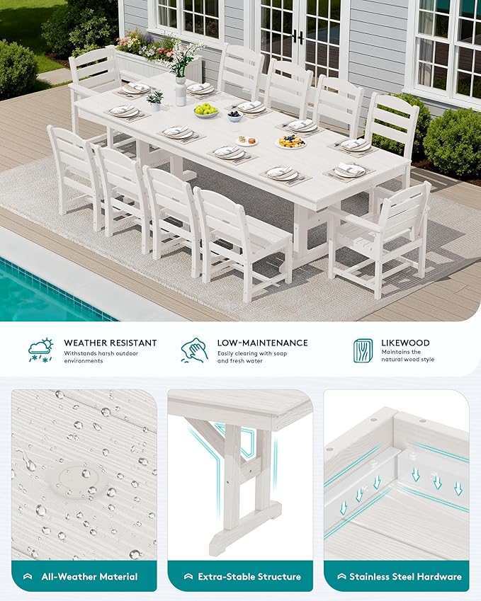 SERWALL 11 Piece Outdoor Dining Set, 84" HDPE Outdoor Table and Chairs for 10，All Weather Patio Furniture Set with Umbrella Hole for Backyard, Garden, White