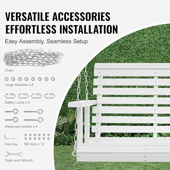 VEVOR Wooden Porch Swing 4.5 ft, Patio Bench Swing for Courtyard & Garden, Upgraded 880 lbs Strong Load Capacity, Heavy Duty Swing Chair Bench with Hanging Chains for Outdoors, White