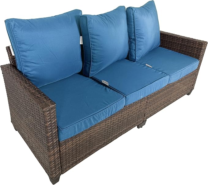 Rattan Outdoor Sofa 3-Seater - PE Woven Patio Couch with Waterproof Blue Cushions, Heavy-Duty Steel Frame for Garden, Poolside Outdoor Wicker Furniture
