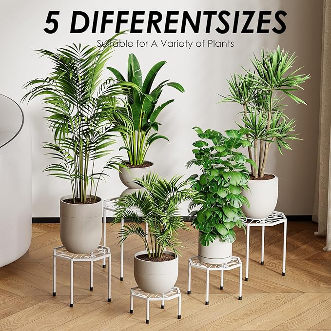 5-Pack Metal Plant Stands for Outdoor Indoor, Anti-Rust Iron Flower Pot Stand, Heavy Duty Plant Pot Shelf for Multiple Plant, Decoration Racks for Home, Patio & Garden (White)