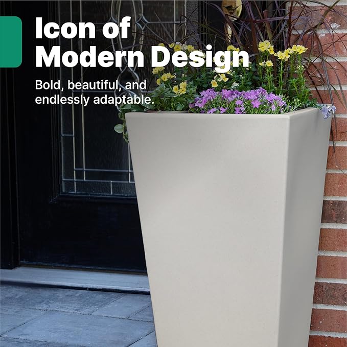Step2 Tremont Tall Square Tapered Planter, 28", Indoor/Outdoor Plants, Efficient Drainage, Durable Resin, Concrete
