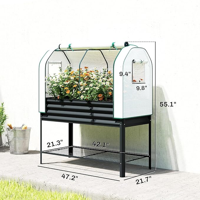 Outsunny Galvanised Raised Garden Bed with Greenhouse Cover, Metal Elevated Garden Bed with Legs, Bed Liner and Bottom Shelf, Outdoor Raised Planter Box for Vegetables, Herbs, Flowers, Black