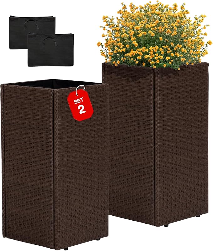 IDZO All-Weather Wicker Planters, Set of 2, 24 in Tall Wicker Planters, Self-Watering with Drainage, Durable PP Material, Raised Garden Bed Alternative, Indoor Outdoor Use, Modern Rattan Design