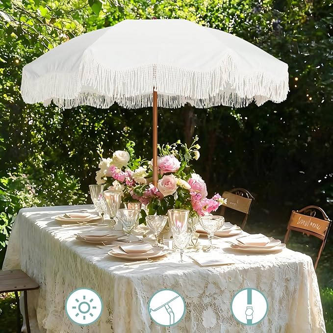 AMMSUN Boho Fringe Umbrella Outdoor Patio, 6.5ft UPF50+ Picnic Umbrella with Tassels with Steel Pole and Push Button Tilt, Antique White