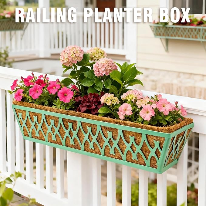 4 Pack 24 Inch Window Boxes Planters Railing Planter Box with Adjustable Brackets for Porch Fence Patio Balcony Hanging Flower Baskets with Coco Liners for Outdoor Garden Decor - Green