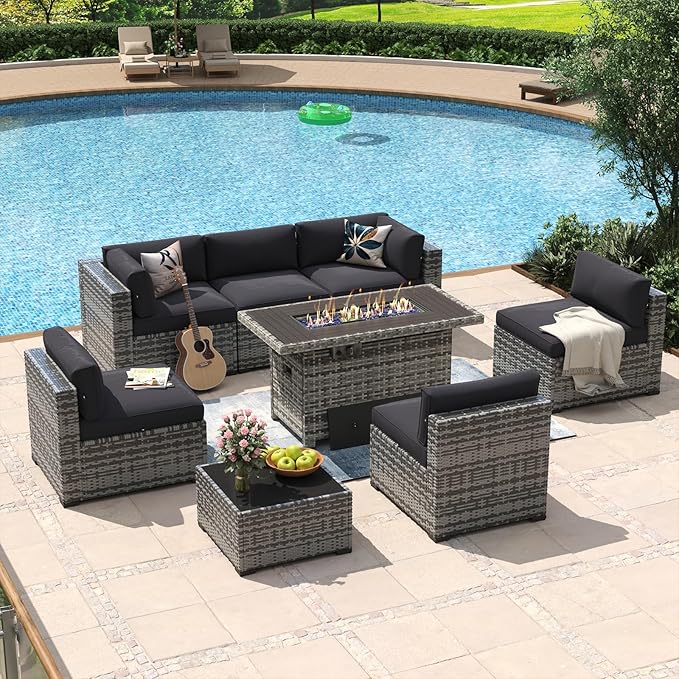 Aoxun 8 Piece Patio Furniture Set with 44'' Fire Pit Table Wicker Rattan Patio Conversation Set Outdoor Sectional Sofa Set with Coffee Table, Grey/Black (Waterproof Cover Included)