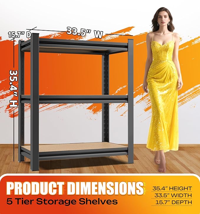 AOAORRG Garage Shelving Heavy Duty Storage Shelves, Metal Adjustable Shelving Unit, Utility Garage Organizer Shelf for Basement, Pantry, Kitchen, Warehouse, 33.5" Wx15.7 Dx35.4 H, Black