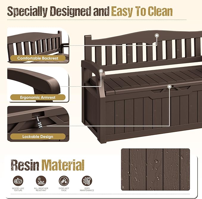 80-Gallon Outdoor Storage Bench, Waterproof Deck Box with Lockable Lid & Armrests for Patio, Garden, Pool, Brown
