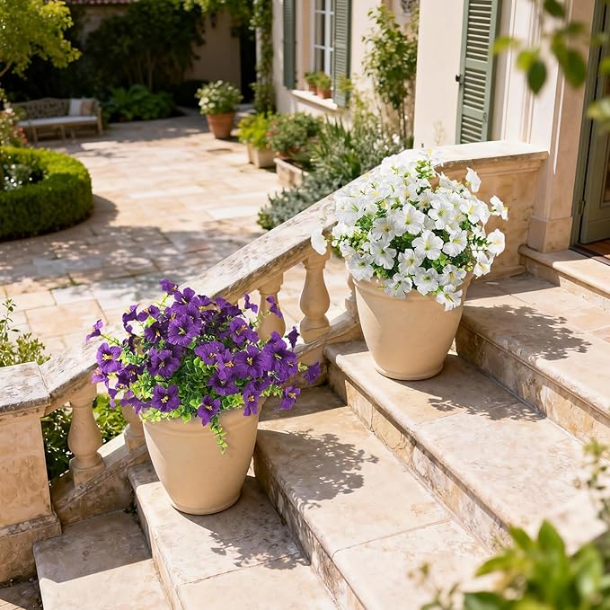 INQCMY Artificial Fake Petunias Flowers for Outdoors Spring Decoration, 12 Bundles Faux Flower Plants UV Resistant Purple Realistic Silk Flower for Outside Planters Patio Porch Yard Window Box