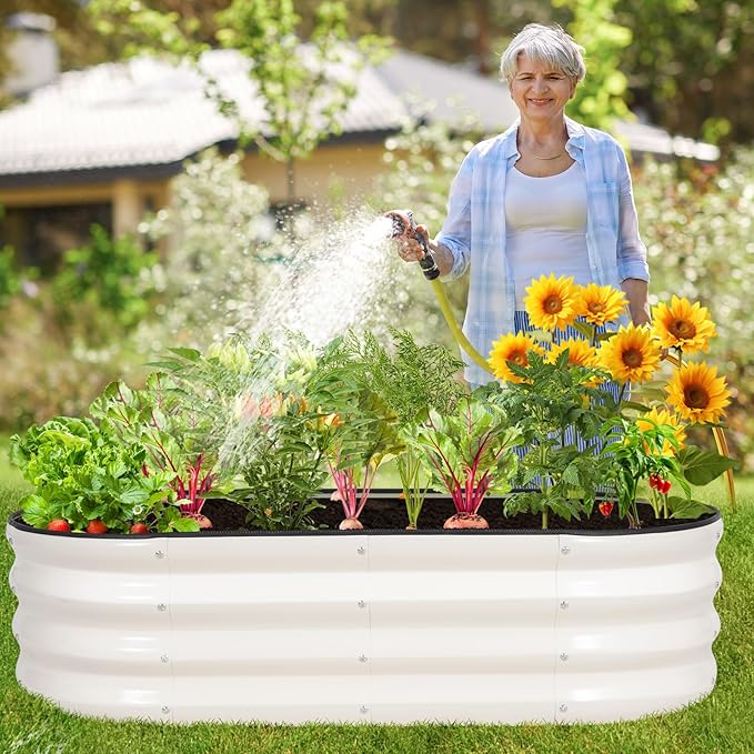 Galvanized Raised Garden Bed - 4×2×1ft (2 Packs) Planter Raised Beds for Gardening | Oval Metal Garden Planter Box with Safety Edging and Gloves for Vegetables Fruits and Flower (White)
