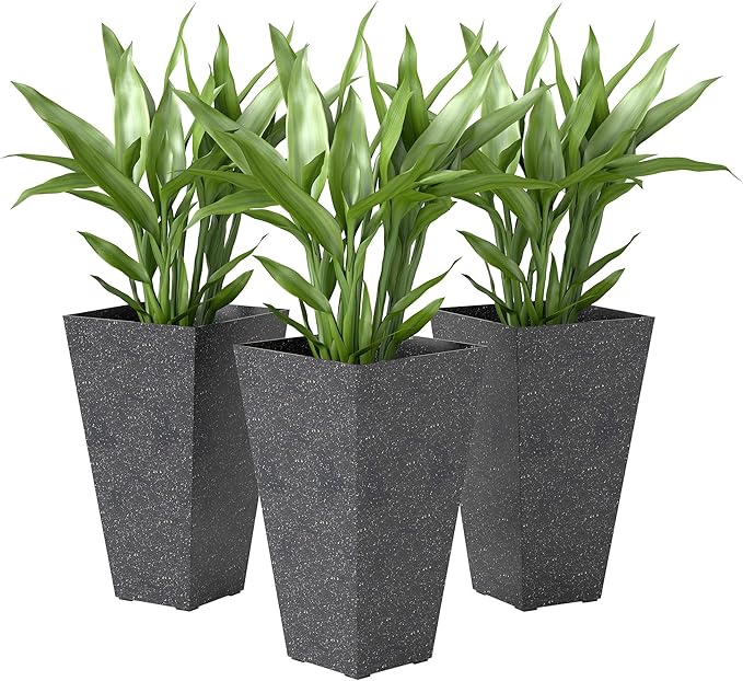 Outsunny 28 Inch Tall Planters for Outdoor Plants, Set of 3 Plastic Flower Pots with Marble Finish and Drainage Holes, Stackable Tapered Large Planters for Indoor Plants, Front Porch Decor, Black