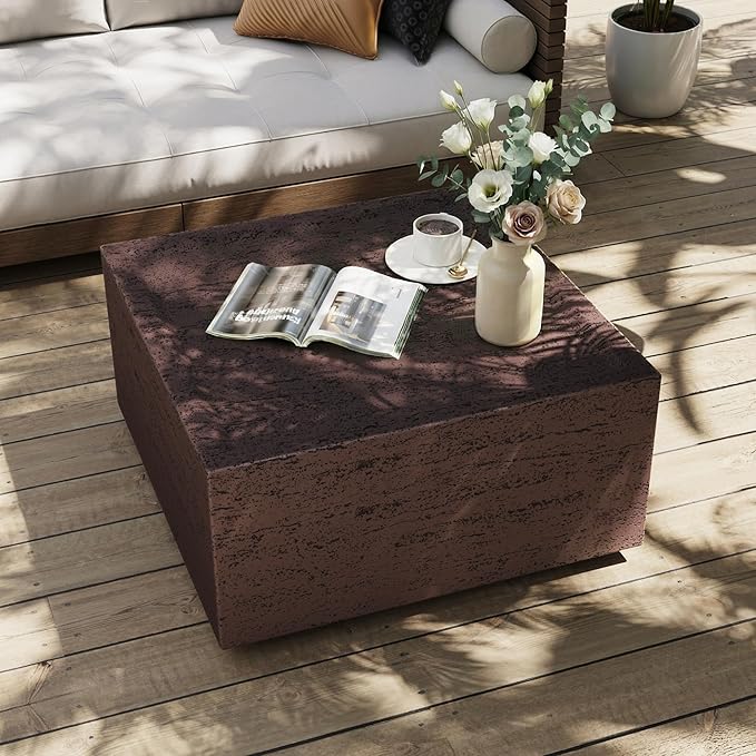 UPHA Outdoor Square Coffee Table, Small Modern Minimalist Accent Tables, Low Light Concrete Center Table for Living Room, Outside Patio, Deck, 28×28×13, Rust Red
