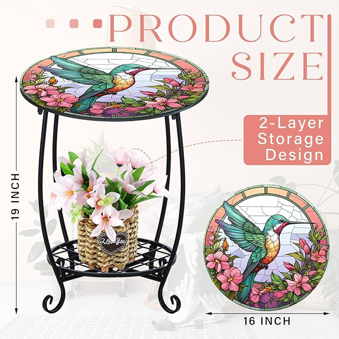 Outdoor Side Table Round Small Mosaic Patio Accent Indoor End Plant Coffee Tea Table for Yard Patio Porch Garden Living Room, Bedroom(Hummingbird Style,16 Inch)