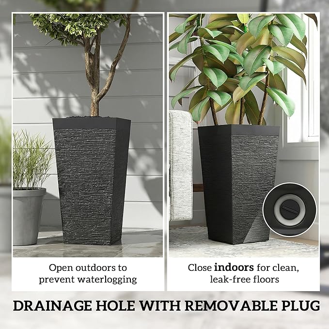 Outsunny 22.8 Inch Tall Planters for Outdoor Plants, Set of 3 Plastic Flower Pots with Stone Finish and Wheels, Stackable Tapered Planters with Drainage Hole for Indoor Plants, Front Porch, Black