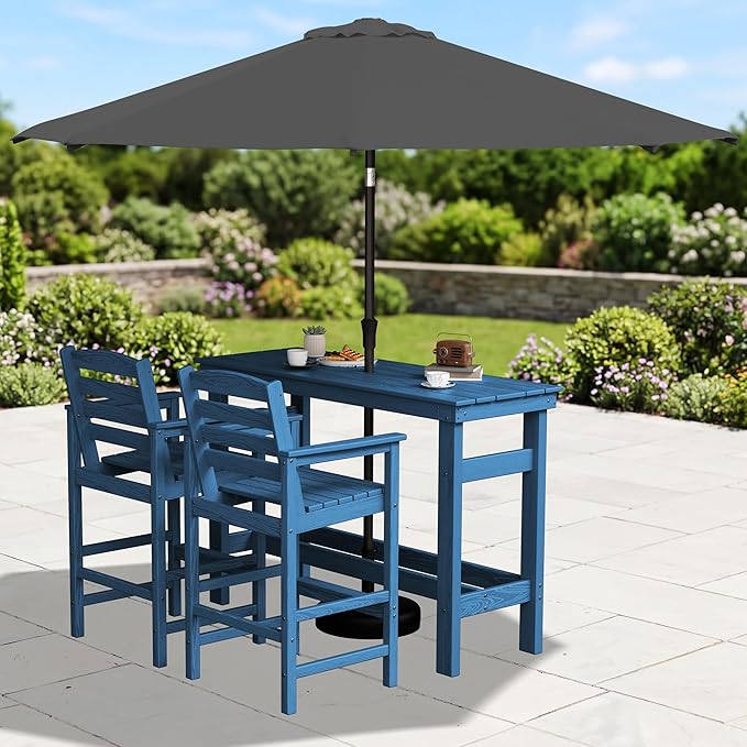 SERWALL Outdoor Bar Set with 9ft Umbrella, All-Weather HDPE Patio Bar Chairs and Table, Outdoor Furniture Set for Poolside, Backyard, Garden - Blue