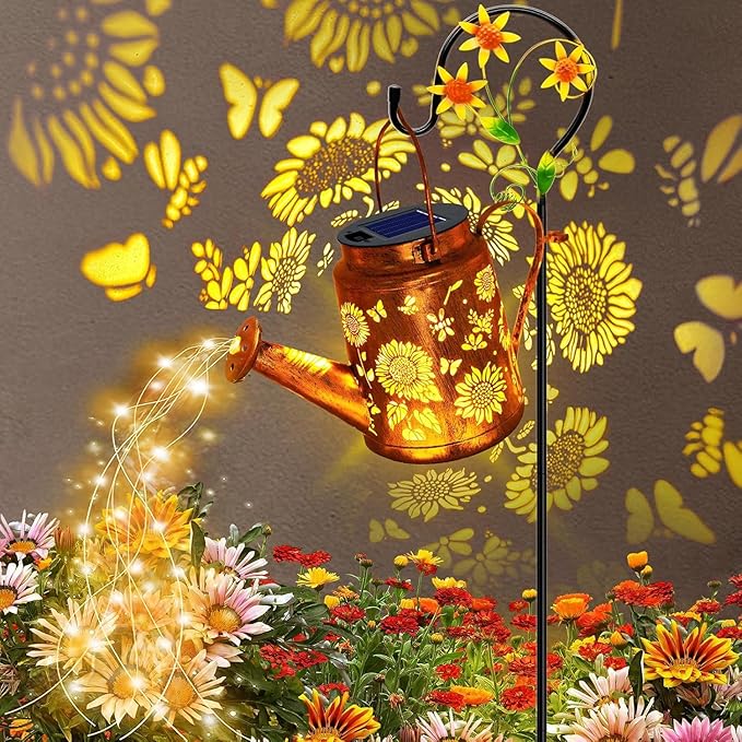 Solar Lanterns Outdoor, Sunflower Watering Can lights, Waterproof Hanging Lanterns Solar Path Lights Outside Yard Patio Gardren Decor, Gardening Christmas Gift for Mom Grandma Women with Shepherd Hook