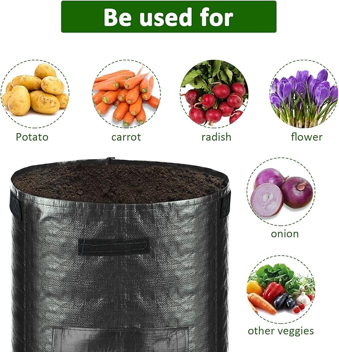 JJGoo Potato Grow Bags, 4 Pack 10 Gallon with Flap and Handles Planter Pots for Onion, Fruits, Tomato, Carrot - Black