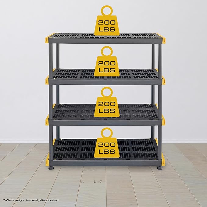 CX Black & Yellow, 4-Tier Heavy Duty Plastic Storage Shelves that Support up to 200lbs/shelf, Organization and Storage, Weather-Resistant Design, Easy Assembly (55"H x 48"W x 20"D)