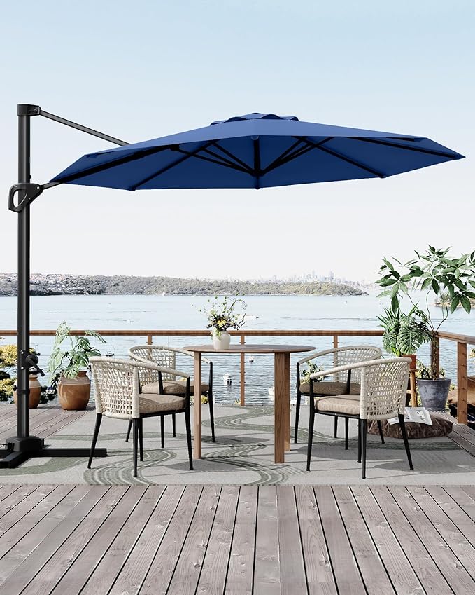 GarveeLife 10 ft Patio Umbrella Outdoor Large Cantilever Umbrella w/Base Included Market Sun Shade Windproof Offset Umbrella with 360-Degree Rotation for Garden Deck Pool Patio, Navy Blue