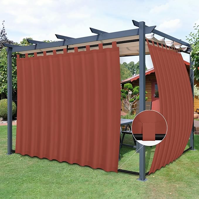 Easy-Going Outdoor Patio Curtains Detachable Tab Top Windproof Weatherproof Curtain for Cabana, Porch, Pergola and Gazebo, Tab Bottom Drape, 2 Panels, 110W x 96L inch, Terra Red