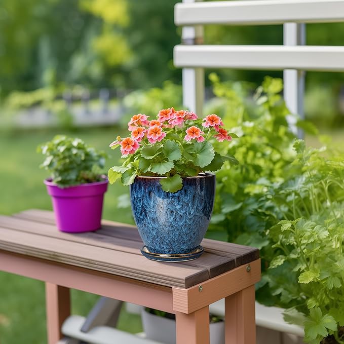 6 Inch Plant Pot - Ceramic Pots for Plants with Drainage Hole and Saucer, Ceramic Planters for Indoor Plants Outdoor, Decorative Round Planter, Room Home Decor, Gifts for Plant Lovers, Blue