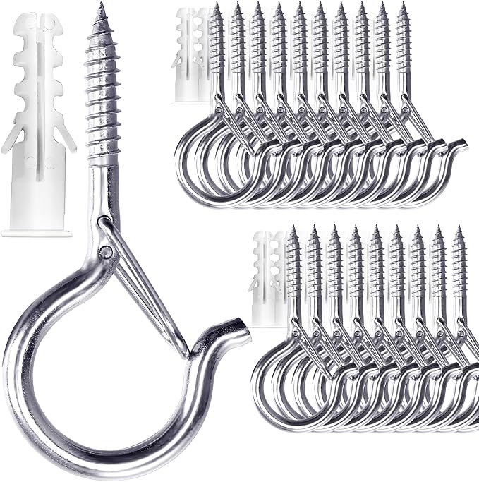 PlusRoc 20 Pack Ceiling Hooks for Hanging Plants Outdoor String Lights Heavy Duty, 2.2 Inch Eye Hook Screw in Cup Hooks Q-Hanger for Patio Lights, Wall Wood Fence Deck Mount(Stainless Steel, Silver)