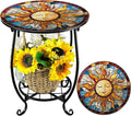 Outdoor Side Table Round Small Mosaic Patio Accent Indoor End Plant Coffee Tea Table for Yard Patio Porch Garden Living Room, Bedroom(Sun Style,14 Inch)