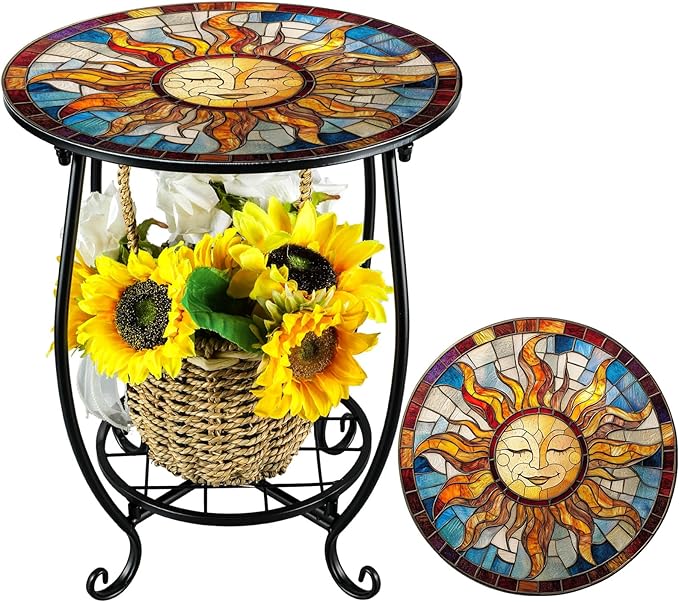 Outdoor Side Table Round Small Mosaic Patio Accent Indoor End Plant Coffee Tea Table for Yard Patio Porch Garden Living Room, Bedroom(Sun Style,14 Inch)
