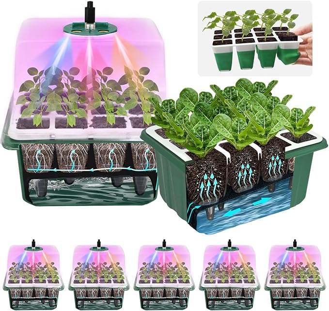 5PCS 60 Cell Self Watering Seed Starter Tray with Grow Light, Reusable Silicone Seed Starter Kit with Humidity Dome, 60 Cells Plant Germination Trays for Seeding Planting Growing（5-Pack 60-Cell）