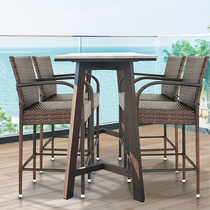 SUPER DEAL Upgraded Wicker Bar Stool Chairs Outdoor Backyard Rattan Chair w/Iron Frame, Armrest and Footrest (4)