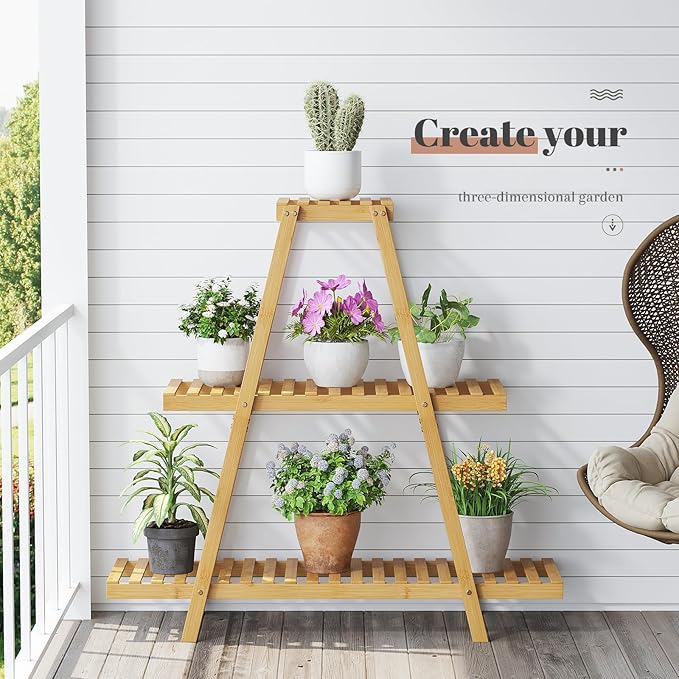 Plant Stand For Indoor Outdoor Tiered Plant Shelf 3 Tier 8 Potted Bamboo Flower Holder Ladder Rack For Multiple Triangle Table Plant Pot Stand (Natural)