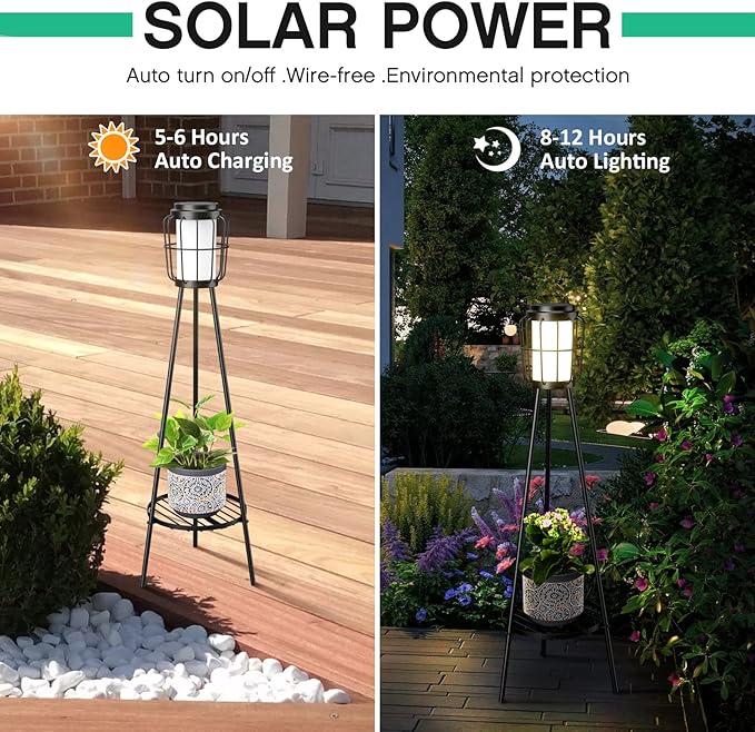 2 Pack Solar Lights with Plant Stand, Outdoor Floor Lamps, Waterproof Solar Powered Floor Lamps for Patio Deck Porch Yard Garden Decor