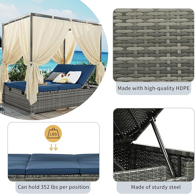 Patio Chaise Lounge, Gray PE Rattan Outdoor Patio Wicker Sunbed Daybed with Adjustable Seats, Four-sided Canopy, Overhead Curtain and Blue Cushions for Backyard, Garden, Poolside (for 2-6 people)