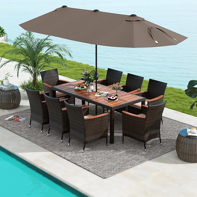 Tangkula 11 Pieces Rattan Outdoor Dining Set with 15Ft Solar Patio Umbrella for 8, Outdoor Wicker Table Set with 8 Cushioned Chairs, Acacia Wood Top, Outdoor Umbrella with Base Included