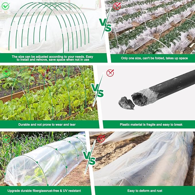 Greenhouse Hoops Grow Tunnel, 6 Sets of 8FT Long Garden Hoops for Raised Beds, Rust-Free Fiberglass Support Hoops Frame for Garden Netting, DIY Plant Support Garden Stakes for Row Cover, 36 Pcs