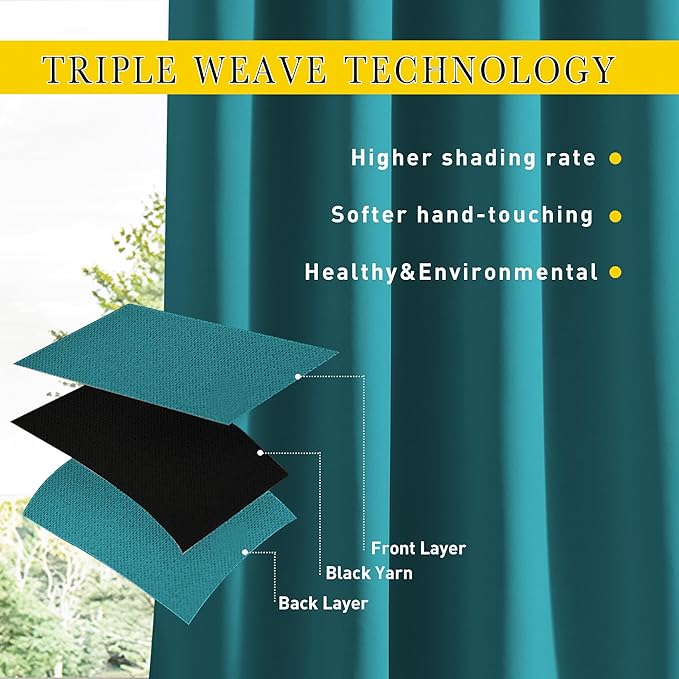 NICETOWN 2 Panels Outdoor Curtains Waterproof Pocket & Back Tab on Top & Bottom, Thermal Insulated Windproof Sun Blocking Outside Privacy Drapes for Patio with Fixed Rope, W52 x L95, Peacock Teal