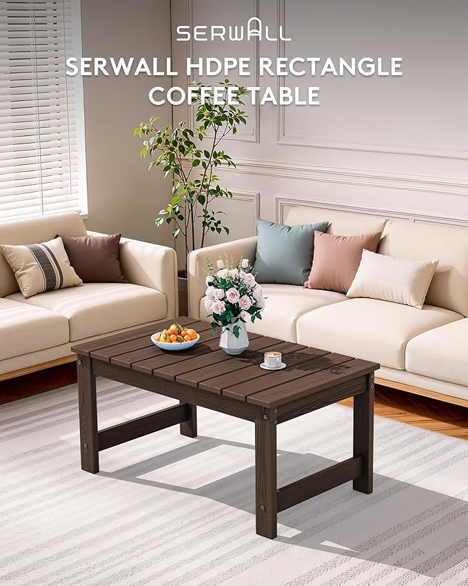 SERWALL Outdoor Coffee Table with 1.69" Umbrella Hole, HDPE Patio Coffee Table for Outside, Rectangle, Coffee