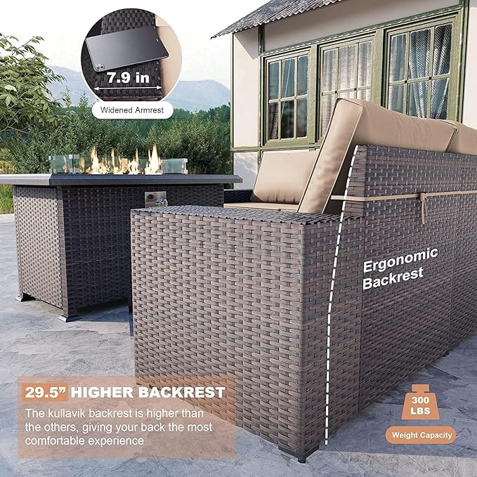Kullavik 7 Pieces Outdoor Patio Furniture Set with 43" 55000BTU Gas Propane Fire Pit Table PE Wicker Rattan Sectional Sofa Patio Conversation Sets,Khaki