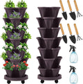 Umigy 2 Set Espresso Brown 7 Tier Vertical Planter Stackable Tower Planters Strawberry Herb Flower and Vegetable Pots Indoor Outdoor Gardening Pots with Removable Wheels and Tools