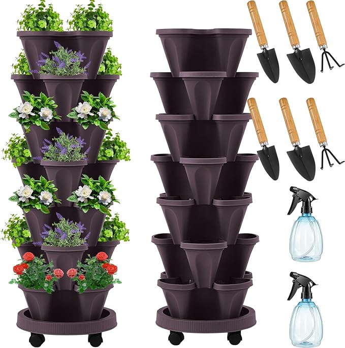 Umigy 2 Set Espresso Brown 7 Tier Vertical Planter Stackable Tower Planters Strawberry Herb Flower and Vegetable Pots Indoor Outdoor Gardening Pots with Removable Wheels and Tools