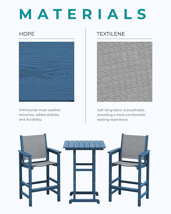 SERWALL 3 Pieces Textilene Adirondack Bar Set, Tall Adirondack Bar Height Chairs with Bar Table, Sling Balcony Adirondack Chairs, Weather Resistance Resin Outdoor Bar Height Stools, Blue