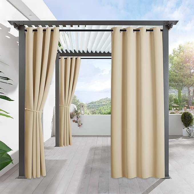 RYB HOME Outdoor Curtains for Patio Waterproof Block Sunlight Thermal Insulated Privacy Assured Thick Outside Curtains for Deck, Balcony, Pool, W52 x L63, Biscotti Beige, 1 Panel