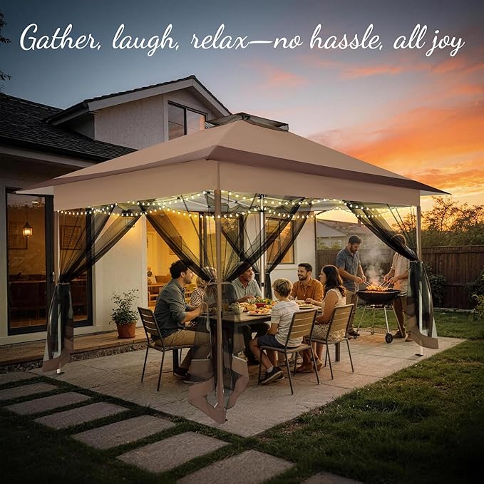 C0BIZI Gazebo 10x15 Pop up Canopy,Gazebos on Clearance-Canopy Tent with Mosquito Netting for Lawn,Garden,Backyard & Patio-Outdoor Tent-Water Resistant and UPF50+ (Brown)
