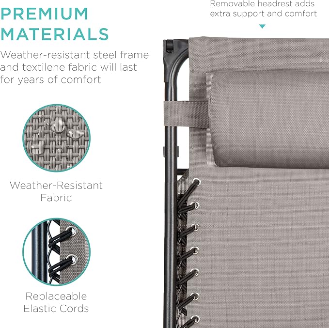 Best Choice Products Folding Zero Gravity Outdoor Recliner Patio Lounge Chair w/Adjustable Canopy Shade, Headrest, Side Accessory Tray, Textilene Mesh - Ice Gray
