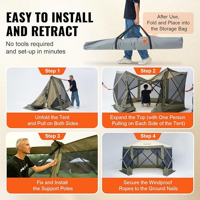 VEVOR 12x12ft Pop Up Gazebo Tent with Mosquito Netting, 6 Removable Wind Panels & 2 Mesh Windows, Outdoor Canopy Shelter for Patio, Army Green