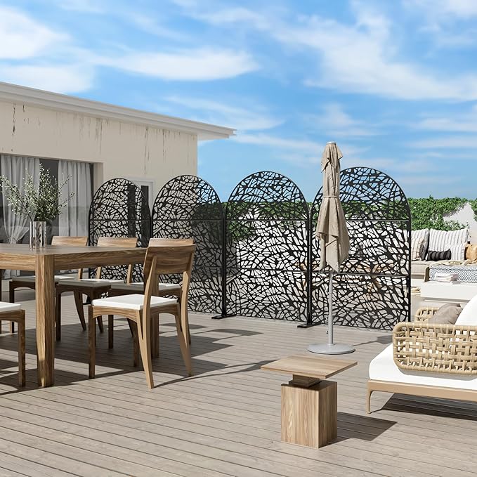 Casaphoria 72" H x 47" W Arched Metal Privacy Screen - Elegant Freestanding Outdoor Screen for Deck, Patio & Balcony - Versatile Decorative Privacy Panels for Home & Garden Use (Black-Net)